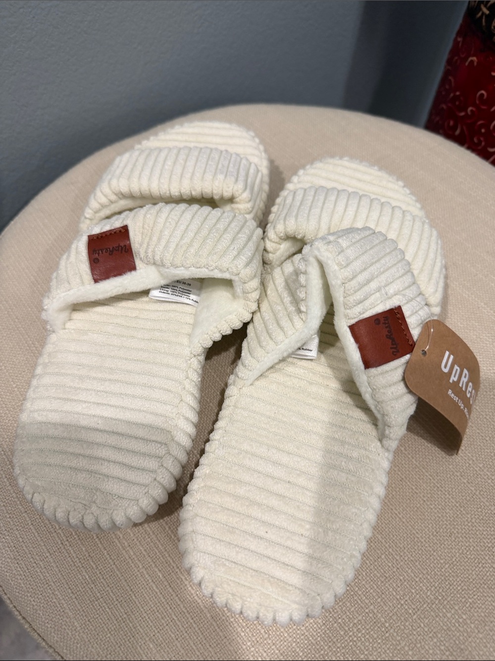 Cream Corduroy Ribbed Slide Slippers for Women Size 7-8 Neutral Comfy Fit Boho